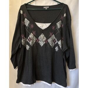 Women's Essentials Argyle‎ Sweater Shirt Layered Preppy Academia Size 2XL